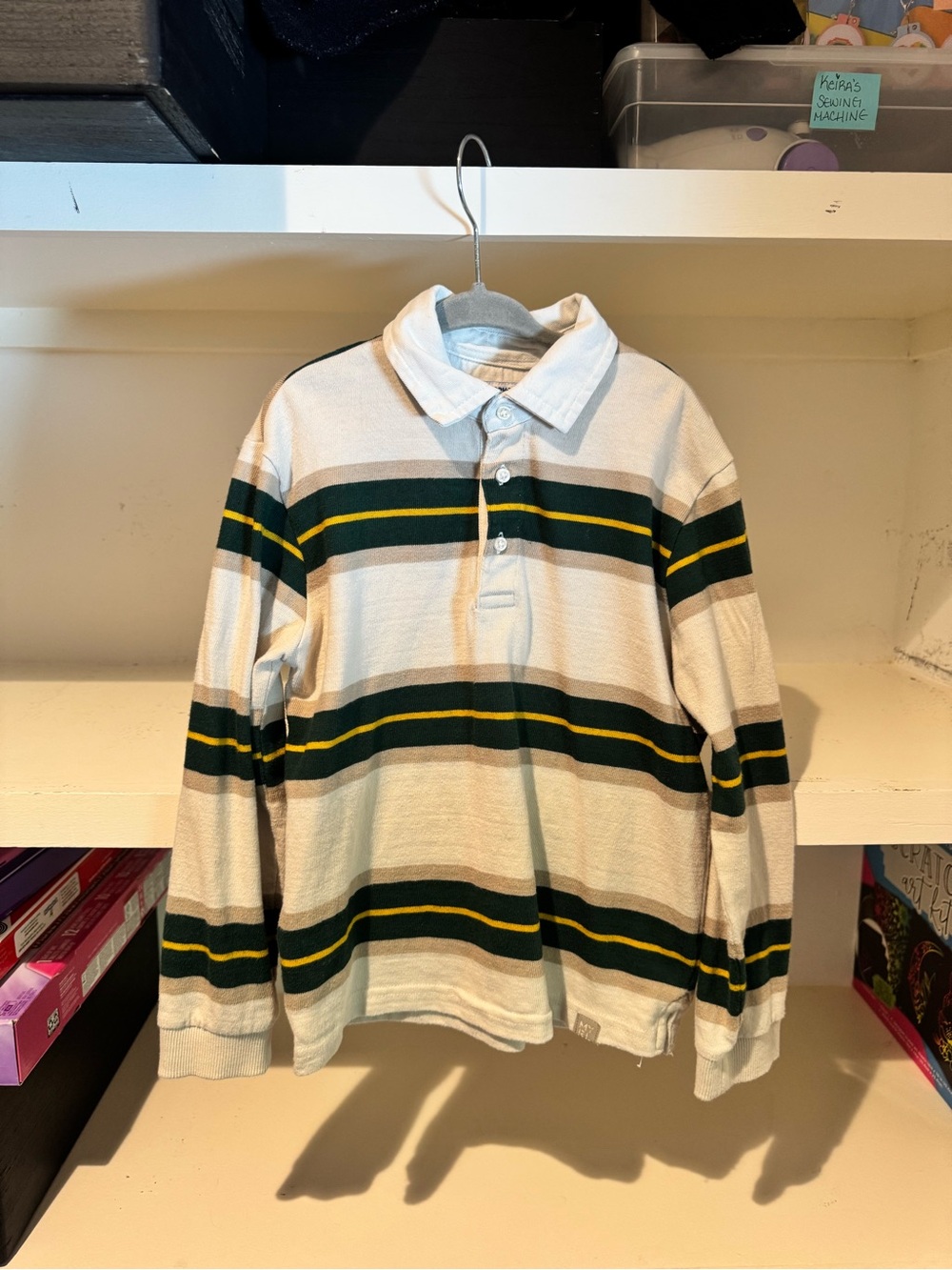 Mayoral Kids/Boys’ Cream Long-Sleeve Polo w/ Green & Yellow Stripes– Size 7